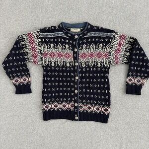 Vintage‎ LL Bean Sweater Womens Small Navy Fair Isle Cardigan Knit Made USA 90s